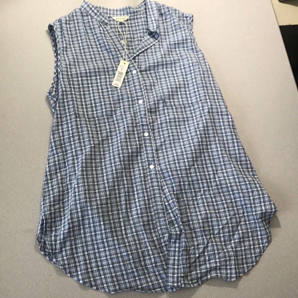 Max Studio blue plaid tank top small NEW!